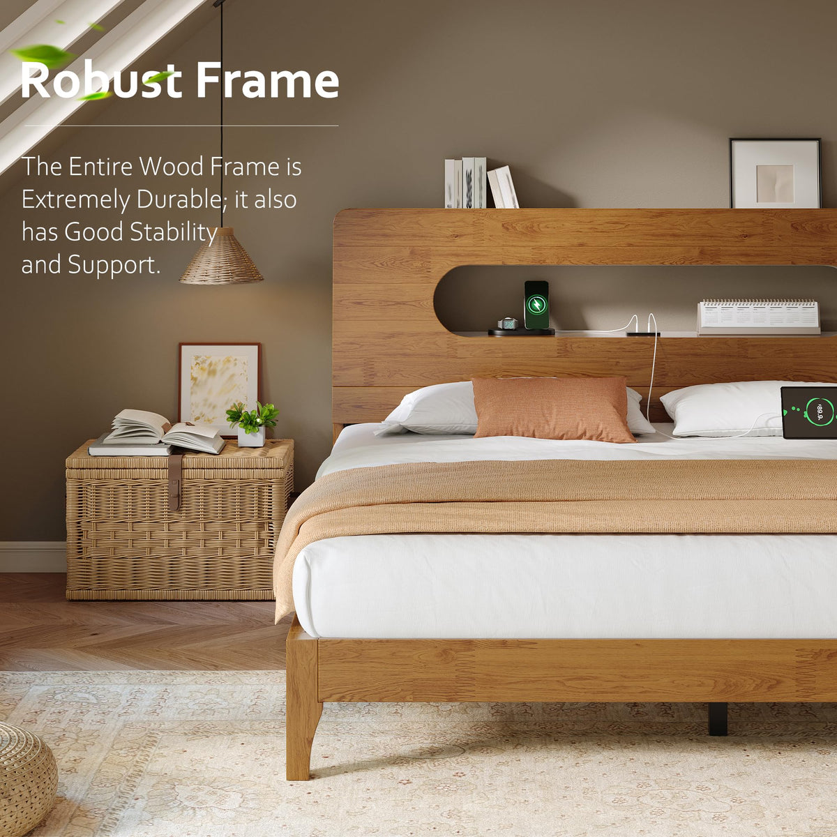 Queen Size Solid Wood Bed Frame with Storage Headboard, Brown E9613