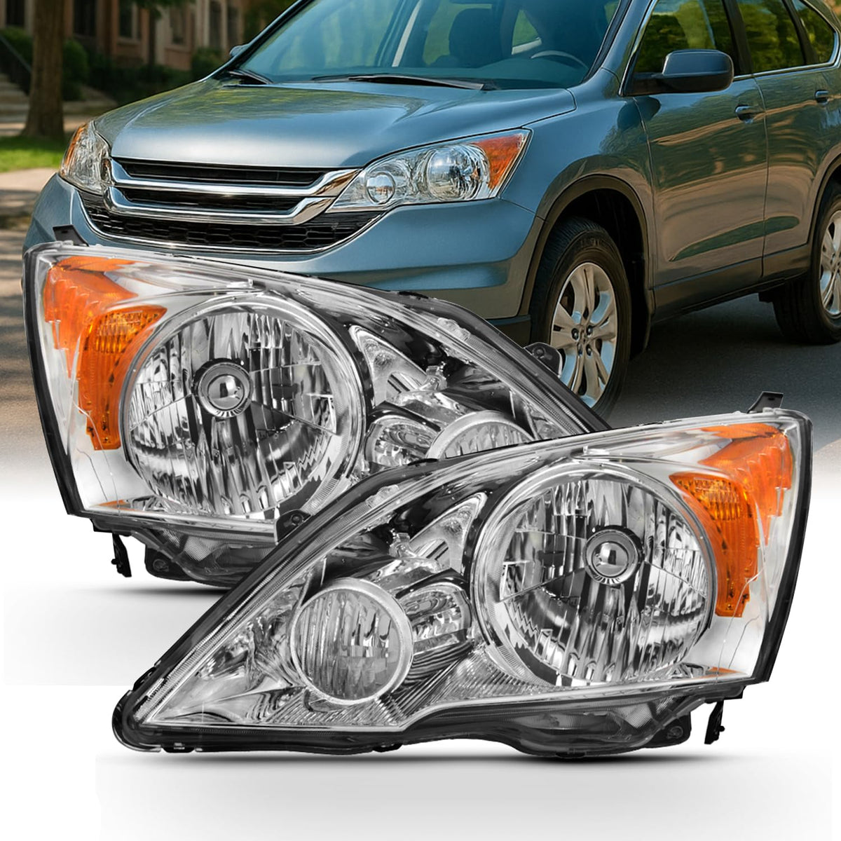2007-11 Honda CR-V Headlight Assembly Chrome Housing Clear Lens Full Set M950341