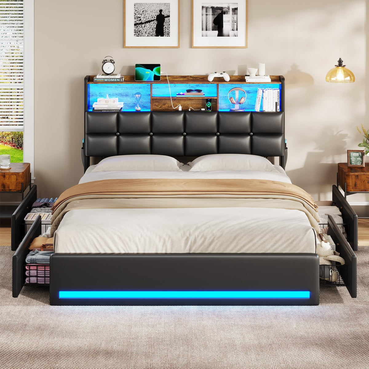 Black Full Size Upholstered Platform Bed Frame with Bookcase Headboard and 4 Drawers C576503