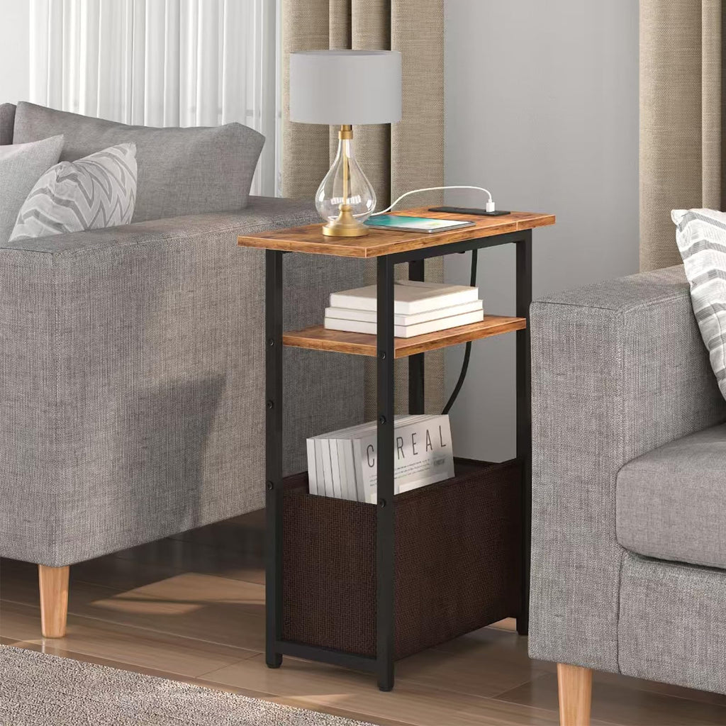Narrow Side Table with Charging Station, 3 Tier End Table with Storage Basket A9498