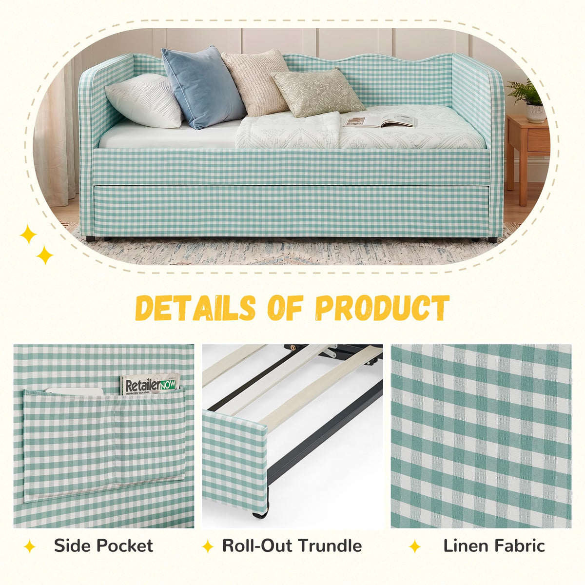 Twin Size Gingham Daybed with Trundle and Side Storage Pockets N11095
