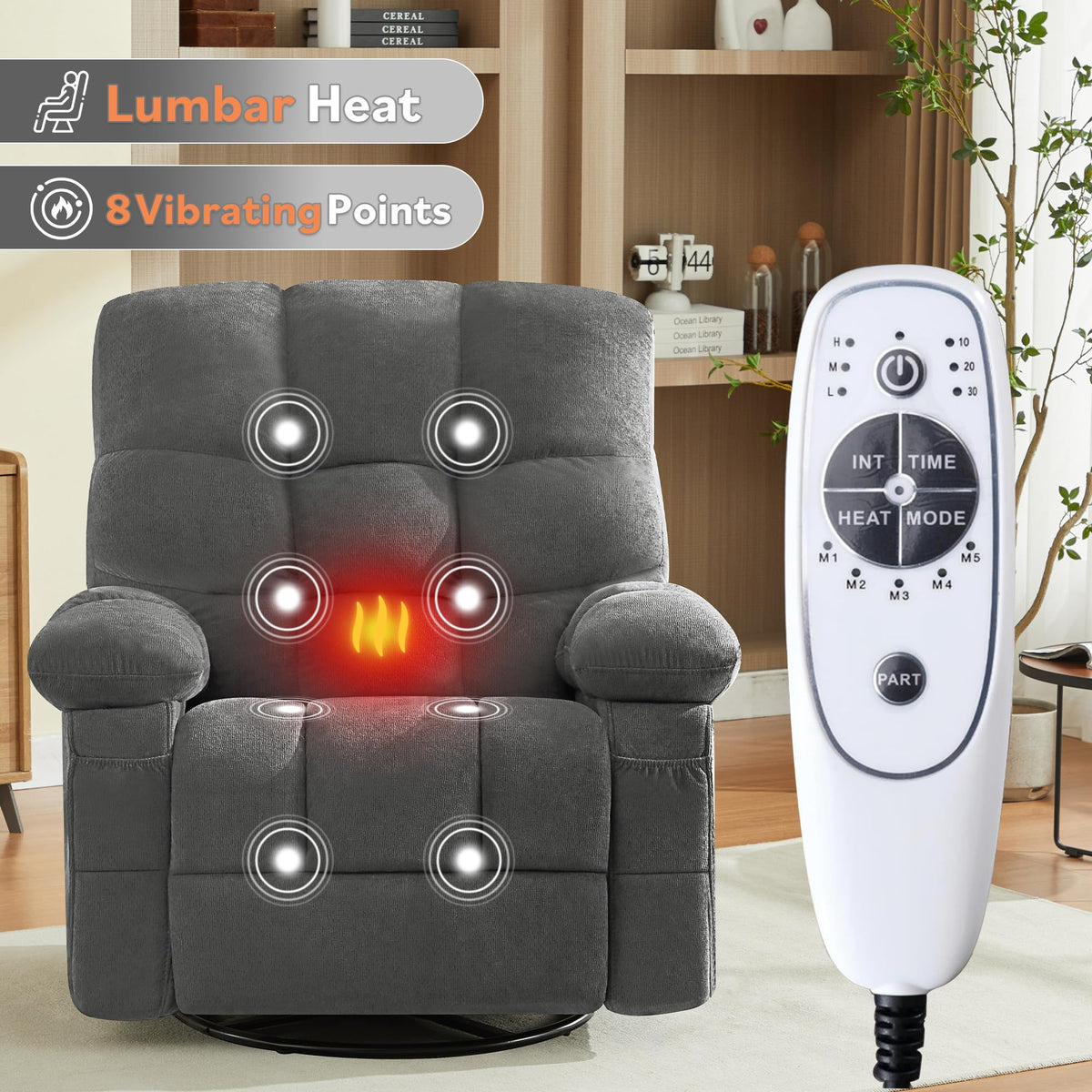 Oversized Swivel Recliner Chair with Vibration & Lumbar Heat M31693