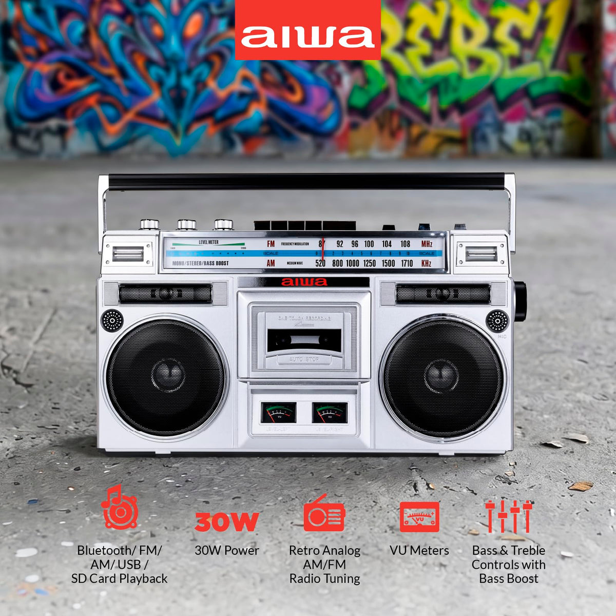 Portable Retro Boombox Bluetooth Speaker with Cassette Player F86798