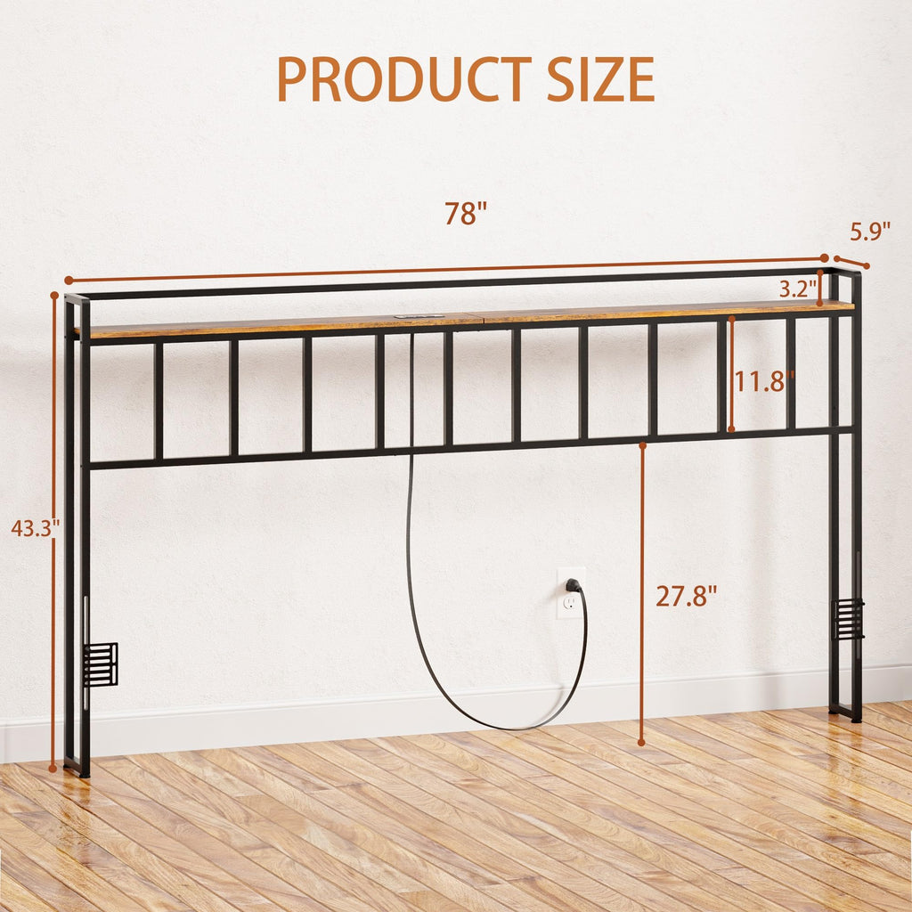 King Size Headboard with LED Light, Outlets and USB Ports, Storage Rack, Rustic Brown B6498