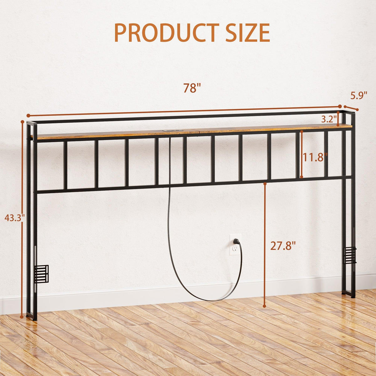 King Size Headboard with LED Light, Outlets and USB Ports, Storage Rack, Rustic Brown B6498