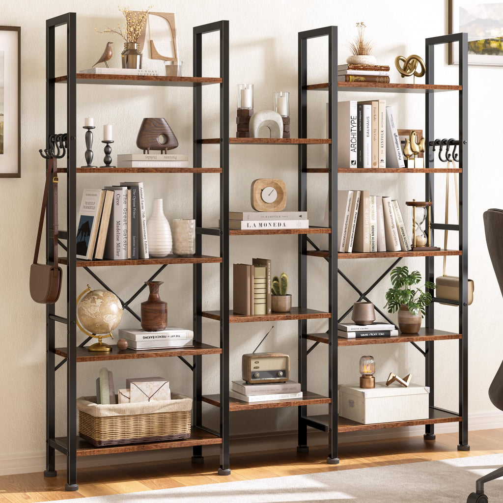 5 Tier Wide Bookshelf with 6 Hooks M588