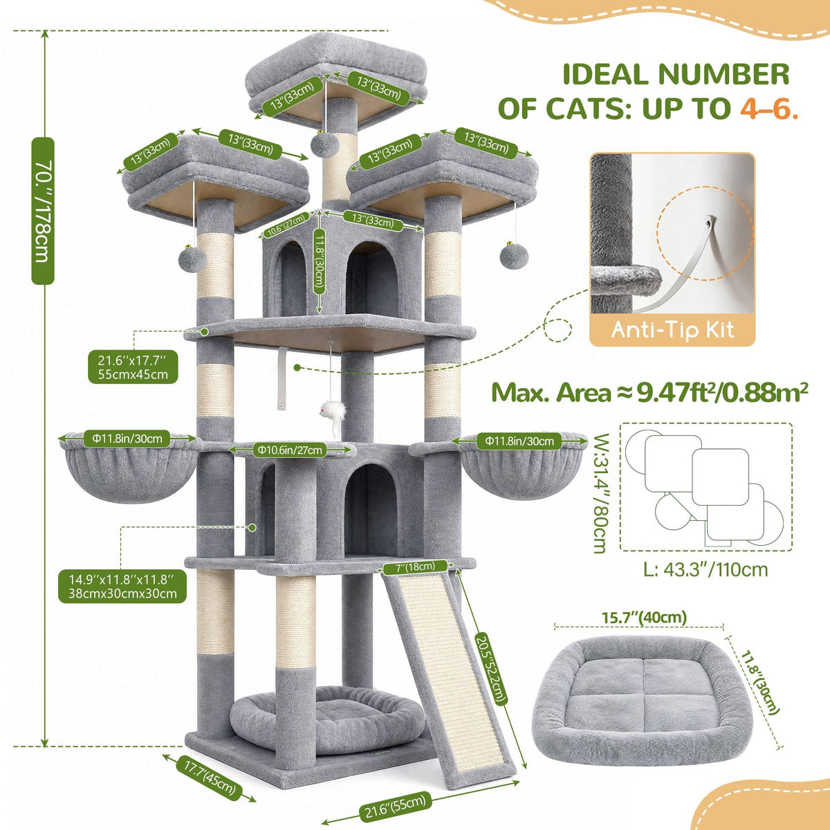 70 Inch Light Grey Cat Tree with Scratching Post K659