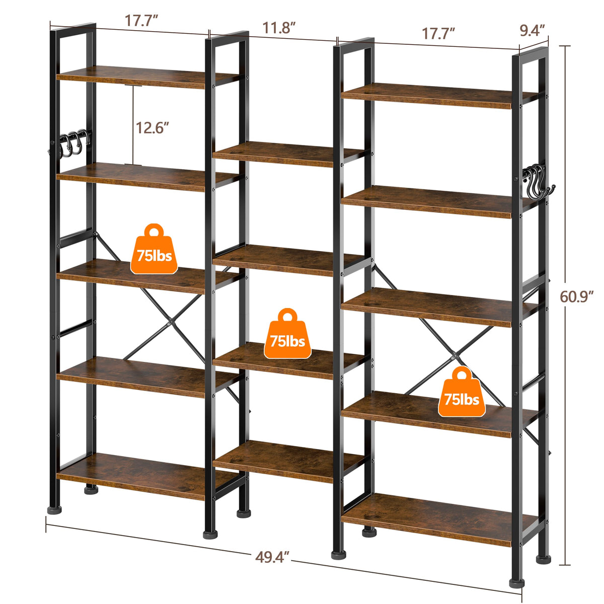 5 Tier Wide Bookshelf with 6 Hooks M588