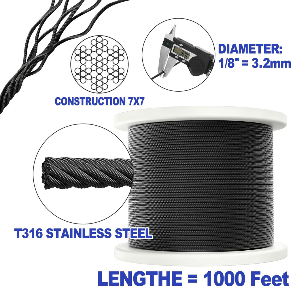 1000FT 1/8" Black T316 Stainless Steel Cable N20962