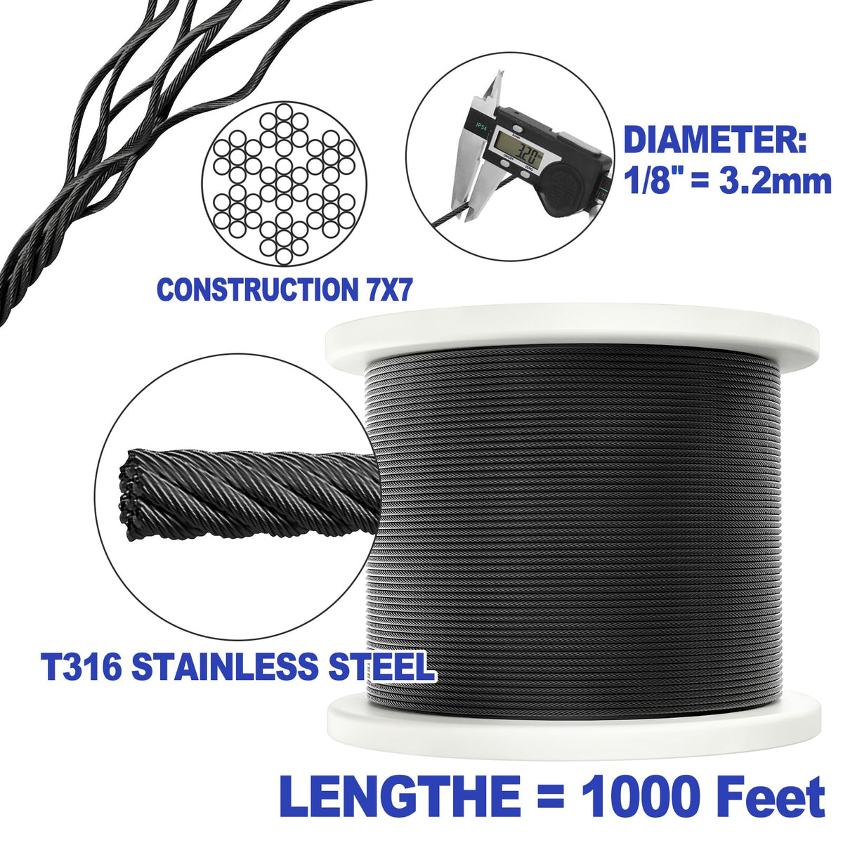1000FT 1/8" Black T316 Stainless Steel Cable N20962