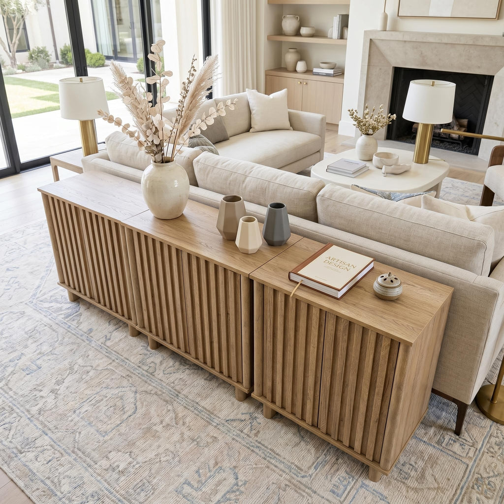 Brown Oak Fluted Sideboard Buffet Cabinet R149408