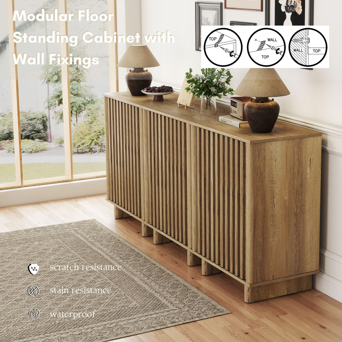 Brown Oak Fluted Sideboard Buffet Cabinet R149408