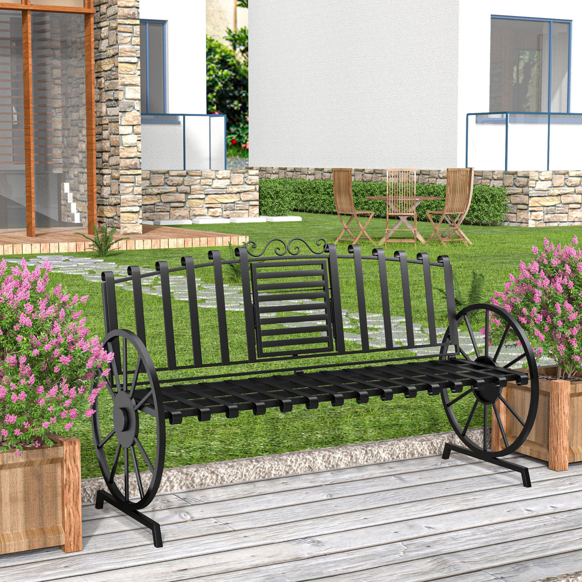 Black Outdoor Garden Bench with Built-in Table Q4302