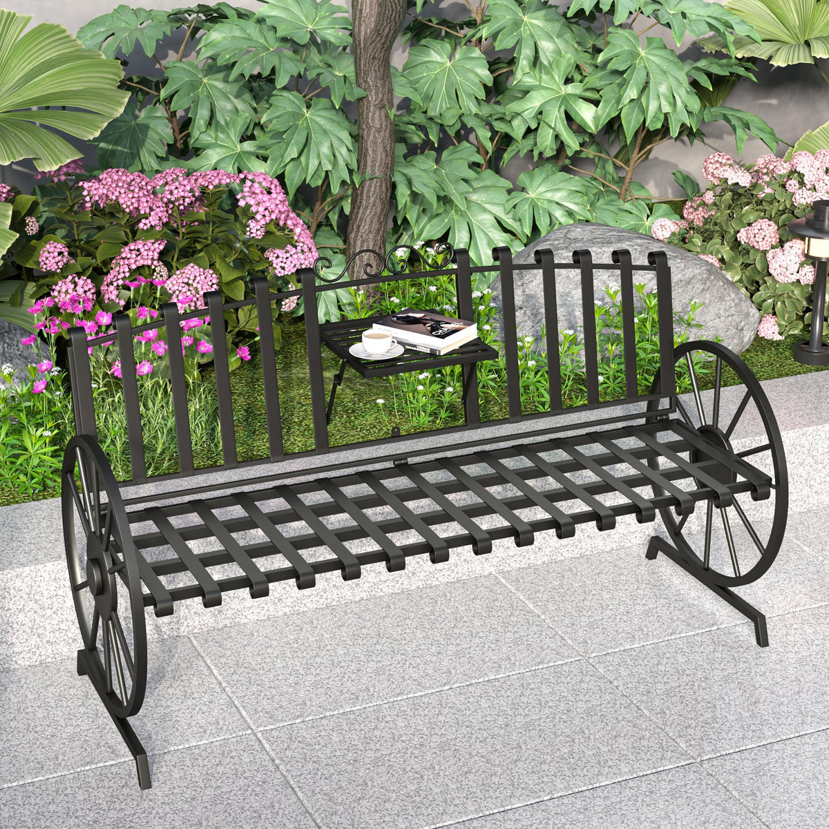 Black Outdoor Garden Bench with Built-in Table Q4302