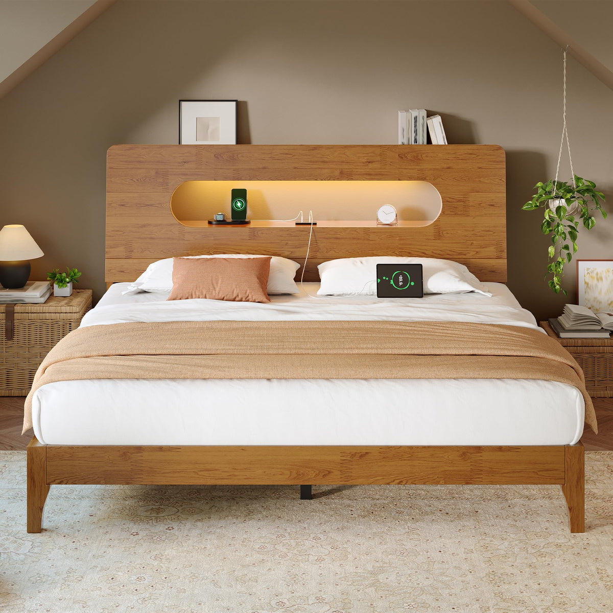 Queen Size Solid Wood Bed Frame with Storage Headboard, Brown E9613