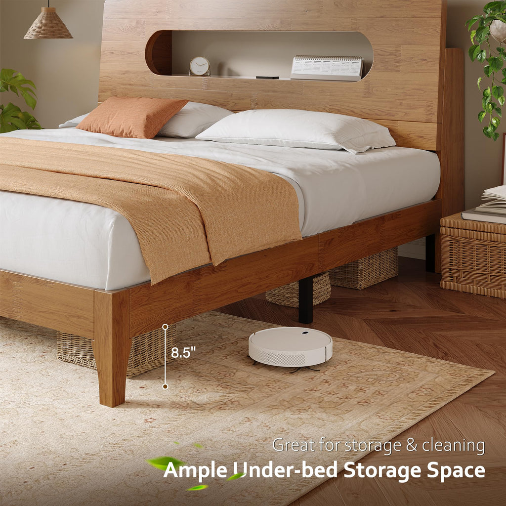 Queen Size Solid Wood Bed Frame with Storage Headboard, Brown E9613