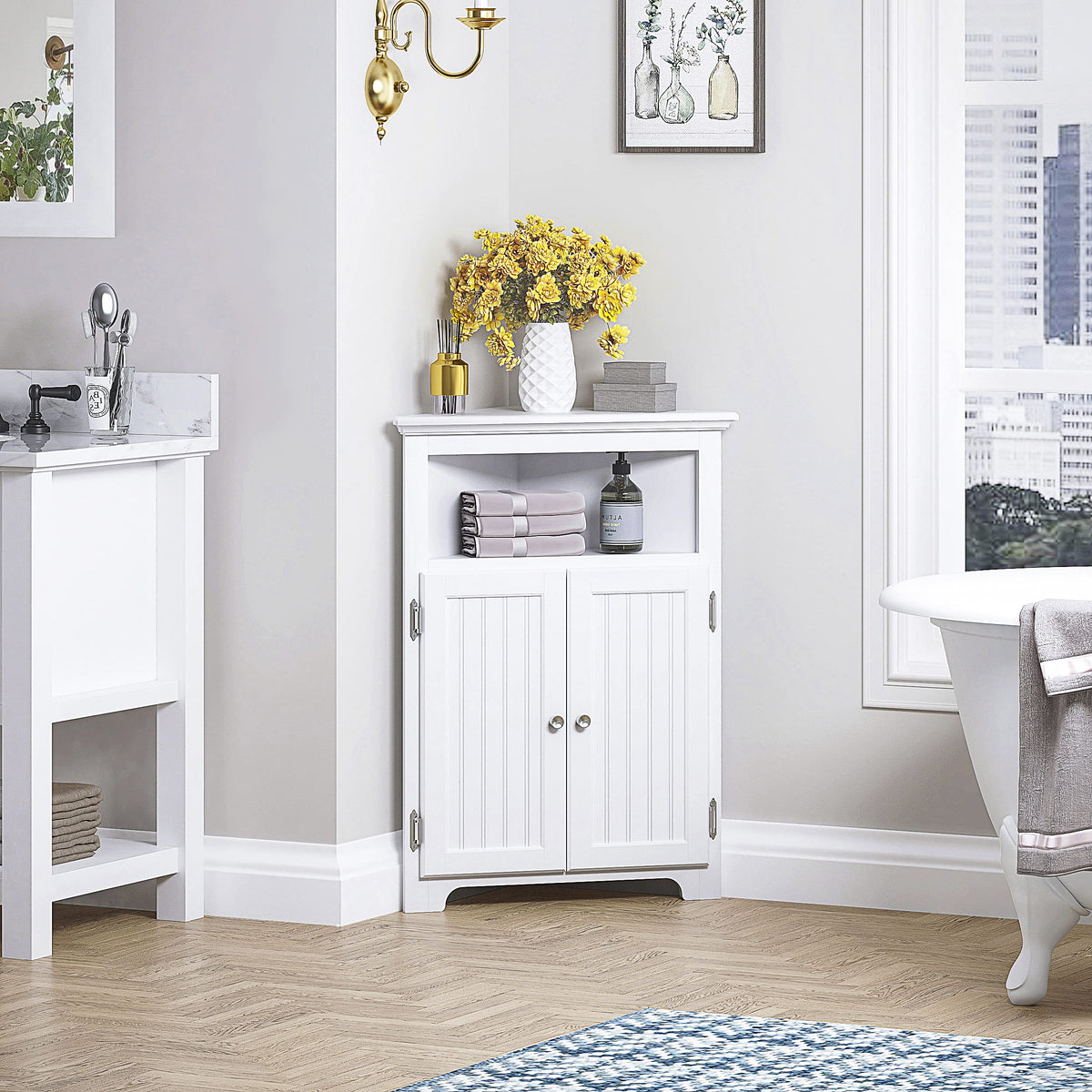 White Corner Bathroom Cabinet with Doors and Adjustable Shelf Y51843