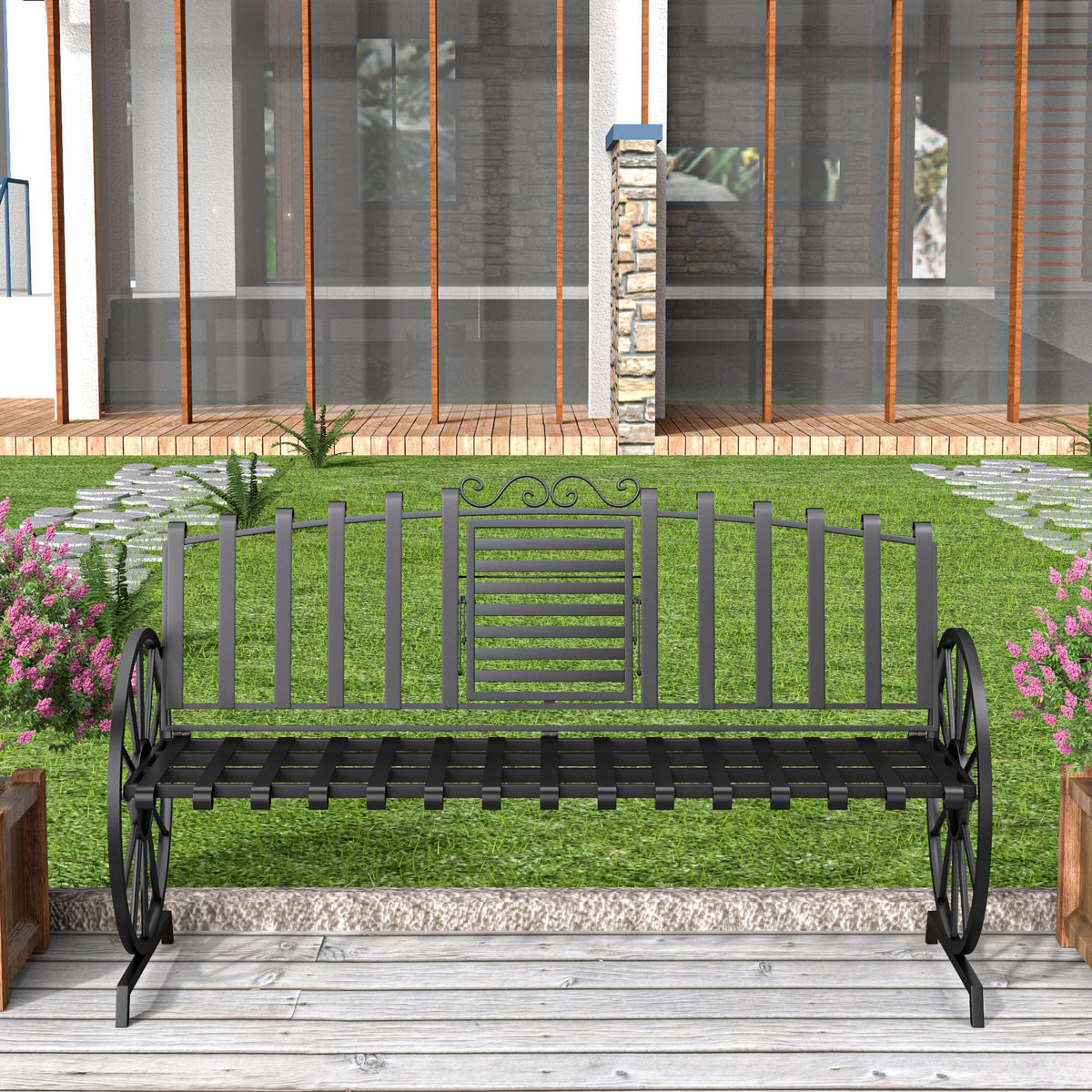 Black Outdoor Garden Bench with Built-in Table Q4302