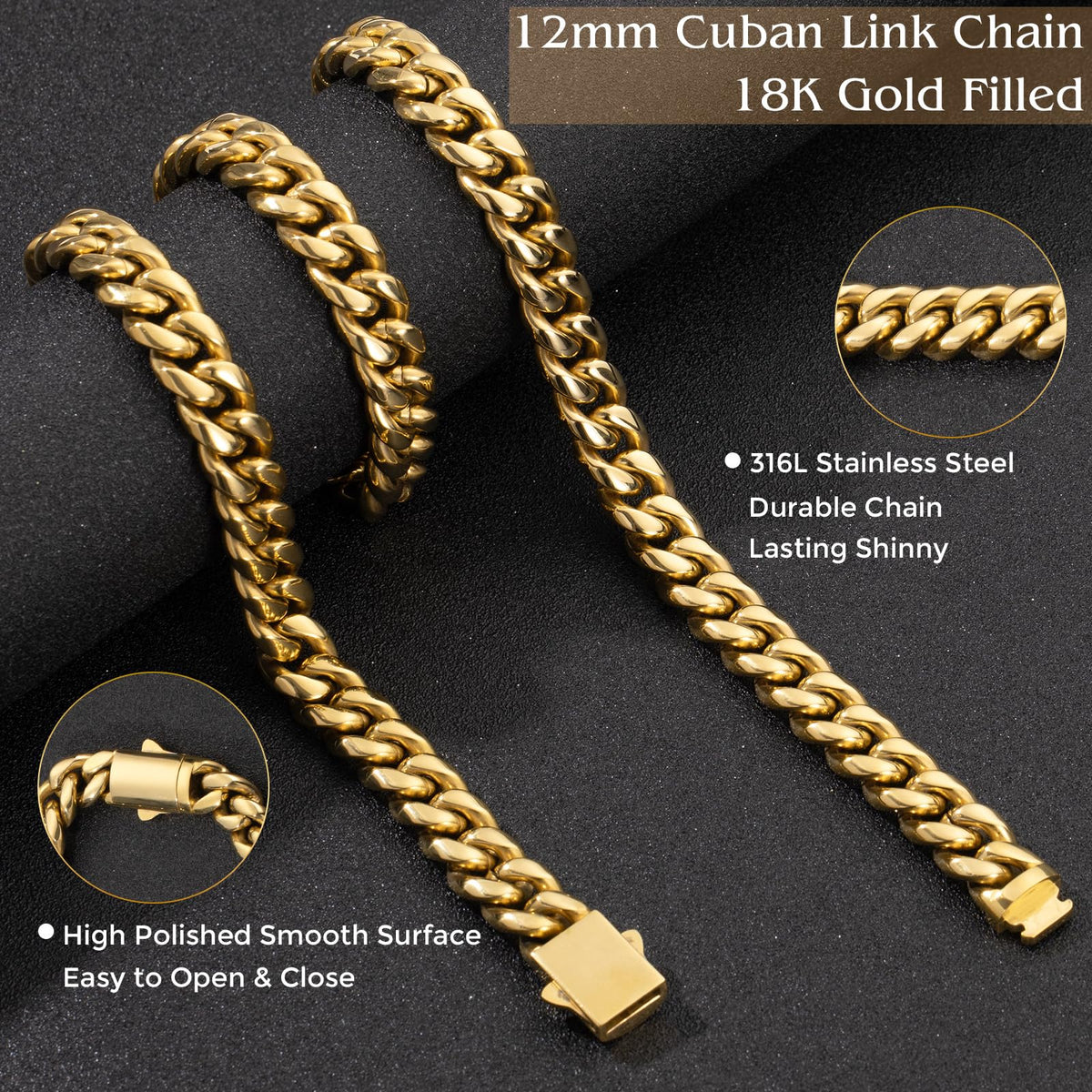 Gold Cuban Link Chain 316L Stainless Steel Necklace 20/22/24 Inches E64650